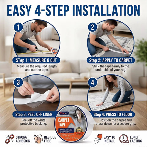 Heavy Duty Tough Double Sided Carpet Tape Fiberglass Reinforced Residue Free Rug Tape For Hardwood Floors And Tile Hand Tearable Anti Slip Safety For Kids And Pets 2 Inches By 10 Yards White installation steps.