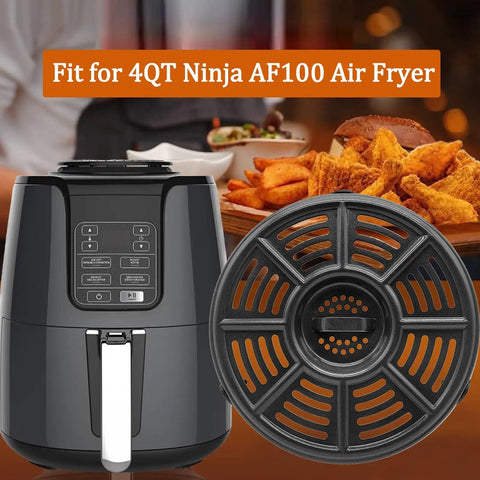 Upgraded 4 Quart Air Fryer Crisping Plate Fits Ninja AF100 And Similar 4 Qt Baskets Premium Nonstick Grill Pan Tray next to air fryer with crispy fries.