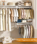 Heavy Duty Workhorse Wall Mounted Closet Shelves With Hanging Rod Four Pack Floating White Wire Shelving For Laundry Room And Garage Organization Straight Shooter Setup with organized clothes and storage boxes.