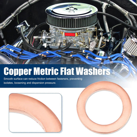 30 Pack M8 Copper Flat Washers Built Like A Tank Sealing Rings 12mm Outside Diameter 1mm Thick with smooth surface for automotive use.