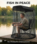 Man fishing on lake protected by Mosquito Net For Canopy Chair And Patio Swing With Zipper Door Extra Large No-See-Um