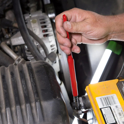 Mechanic using Long Reach Battery Terminal Wrench Ratcheting Nine Point Five Inch Alloy Steel Double Sided in engine
