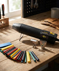 Mini Heat Gun With Dual Temp 350W High Power Go To Hot Air Tool with colored shrink tubing and nozzles on a wooden table
