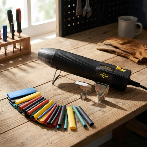 Mini Heat Gun With Dual Temp 350W High Power Go To Hot Air Tool with colored shrink tubing and nozzles on a wooden table