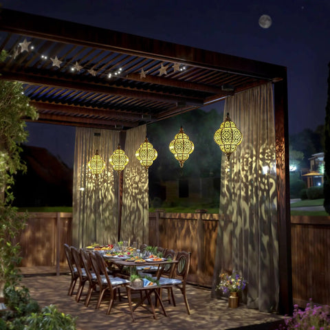 Hanging Solar Lanterns for Outdoor Decor Bronze Waterproof Garden Lights with Moroccan Style Plastic Design illuminating patio