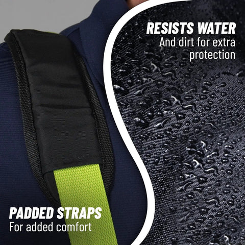 Close-up of Car Seat Travel Bag For Airplane With Dual Carrying Straps Gate Check Ready, showing padded strap and water resistance