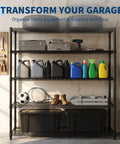 Tough As Nails Rock Solid Heavy Duty Metal Storage Rack Five Tier Wire Shelf with tools and supplies in garage setting.