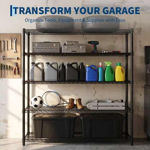 Heavy Duty Wire Shelving Rack With Five Tier Carbon Steel Build And 640 Pound Load Rating That Really Knocks The Clutter Out Of The Park For Your Home Or Garage, displaying tools and storage bins.
