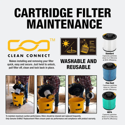 DXVC6914 HEPA Cartridge Filter For 6 To 16 Gallon Wet And Dry Shop Vac Replacement with maintenance instructions