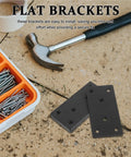Heavy Duty Stainless Steel Mending Plates, Flat Metal Brackets For Quick Cabinet Fixing And Wood Repair, showing two brackets with screws and a hammer.