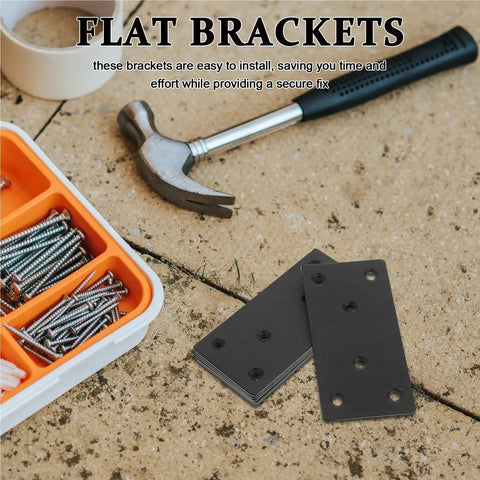 Heavy Duty Stainless Steel Mending Plates, Flat Metal Brackets For Quick Cabinet Fixing And Wood Repair, showing two brackets with screws and a hammer.