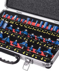 Solid 35 Piece 1/4 Inch Shank Carbide Router Bit Kit With Heavy Duty Case, organized bits in carry case for woodworking.