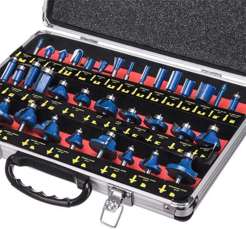 Solid 35 Piece 1/4 Inch Shank Carbide Router Bit Kit With Heavy Duty Case, organized bits in carry case for woodworking.