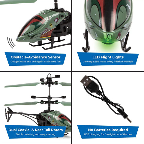Boba Fett RC Helicopter For Kids 8+ Easy Fly Remote Control Toy With LED Lights Durable Polymer Body Coaxial Rotors Galactic Edition