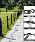 Black Plastic Chain Links Kit 3 Ft Long 6mm Links With 5 S Hooks For Barriers Crowd Control Parking Fences Gates Concerts And Decor Durable Outdoor Chain For Weatherproof Use installed on a pathway with close-up details.