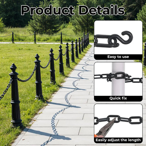 Black Plastic Chain Links Kit 3 Ft Long 6mm Links With 5 S Hooks For Barriers Crowd Control Parking Fences Gates Concerts And Decor Durable Outdoor Chain For Weatherproof Use installed on a pathway with close-up details.