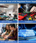 Application areas of DC regulated power supplies for electronics, repair, experiments, and battery charging.