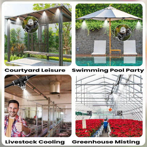 Collage of 15 Pcs Brass Misting Plugs For Outdoor Spray Cooling System in various settings like patio, poolside, livestock, greenhouse