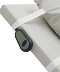 Electric Adjustable Bed Backrest With Remote For Reclining 80 Degrees, showing controller attached to beige fabric.