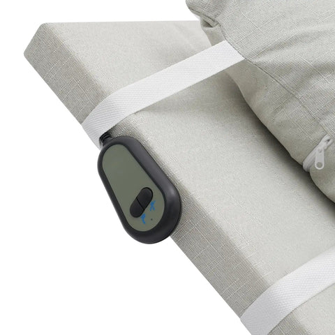 Electric Adjustable Bed Backrest With Remote For Reclining 80 Degrees, showing controller attached to beige fabric.