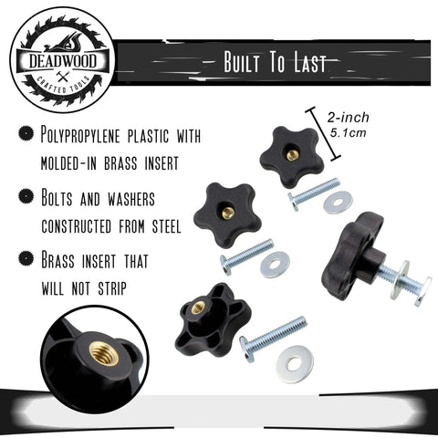 5/16 Inch Threaded Knob Kit With Bolts And Washers, 4 Pack T Track Clamping Knobs, polypropylene knobs with brass inserts