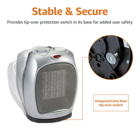 Oscillating Ceramic Portable Indoor Space Heater With 1500W Fast Heat 3 Settings 45 Degree Oscillation showing tip-over protection