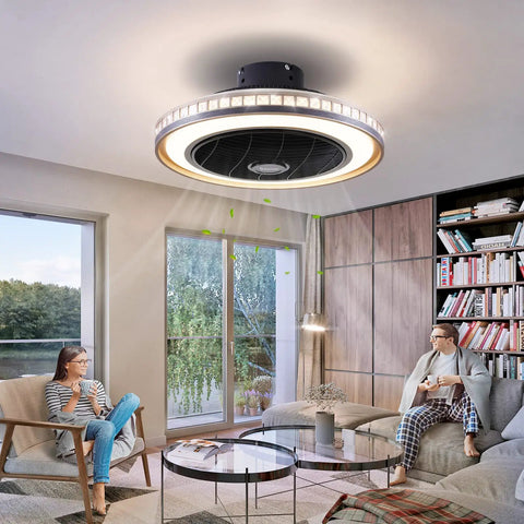 Quiet Bladeless Ceiling Fan With Lights And Remote 20 Inch in a modern living room setting, black low profile flush mount, three speeds, three light kit