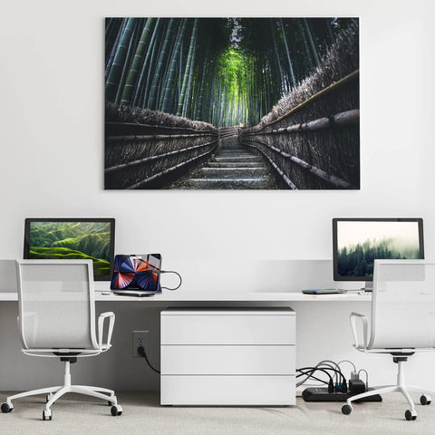 Heavy Duty Surge Protector Power Strip With Eight 120V Outlets And Six Foot Cord, 4050 Joule Badass Reliable Protection, Usb A And C Charging Ports, Ethernet Switches, Solid Rig For Computers And Desks, 12 Pack in modern office setup with bamboo artwork.