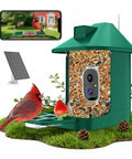 Smart Bird Feeder With Camera 2K Live View Solar Powered Outdoor WiFi Night Vision AI Identify Arrive Alerts Auto Record Videos Real Time App Notifications All In One Backyard Bird Watching Gift For Family And Bird Lovers, featuring bird and smartphone display