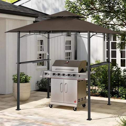 Patio Grill Gazebo Canopy With Double Tier Roof For Outdoor BBQ And Backyard Use Sturdy Powder Coated Steel Frame Weather Resistant Shelter For Garden Rust Resistant Durable Brown