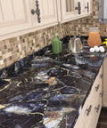 Kitchen with blue marble peel and stick wallpaper on countertop, no mess install, waterproof vinyl self adhesive cover