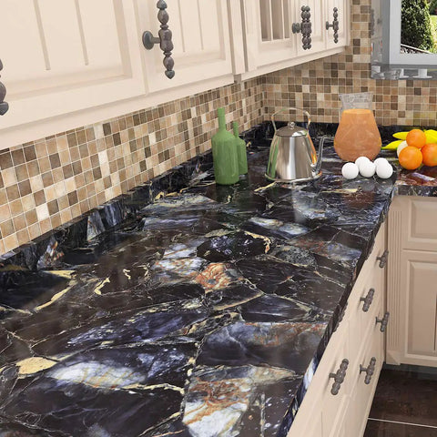 Kitchen with blue marble peel and stick wallpaper on countertop, no mess install, waterproof vinyl self adhesive cover