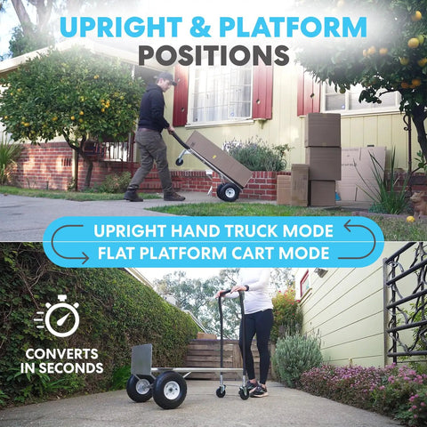 Person using cart in upright and platform positions outside house with boxes, showing versatility.