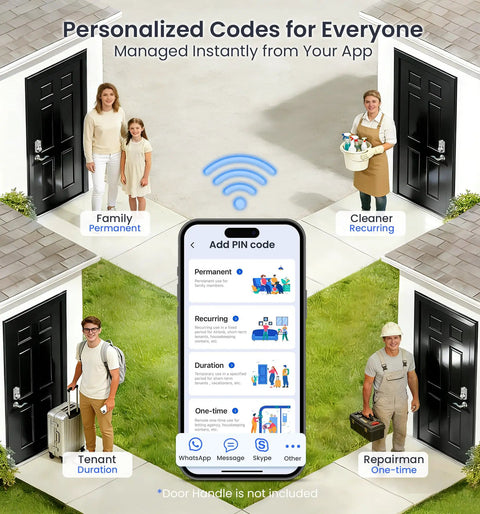 People entering through doors using Smart WiFi Fingerprint Front Door Lock With App Control And Voice Assistants 6 In 1 Keyless Entry.