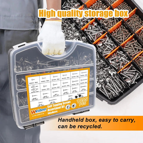 Self Tapping Screws Kit For Metal 1095 Piece Assortment In 410 Stainless Oxide Finish portable storage box close-up