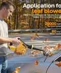 Man using cordless handheld leaf blower to clear leaves from car
