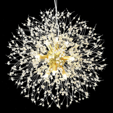 Lit Modern Gold Crystal Chandeliers With Firework Dandelion Sputnik Design, 9-Light Dimmable Pendant Light Fixture for dining room