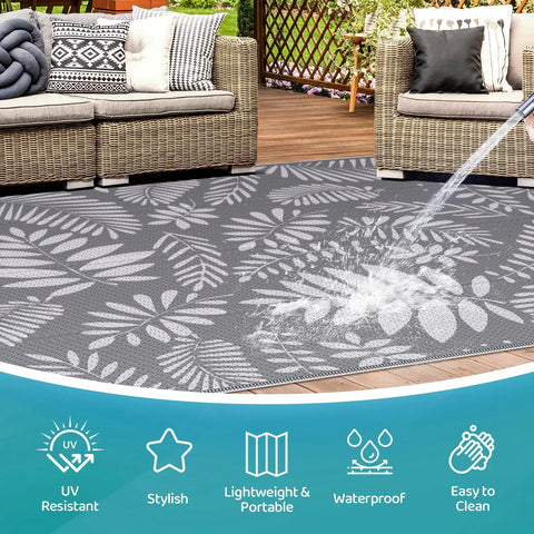 Outdoor Rug For All Weather Use Waterproof Plastic Straw Style Mat Large 5x8 Area Rug For Outdoor Living Yard Vibes Patio Deck Backyard RV Beach Balcony Porch White And Gray