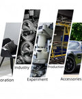 Collage displaying a chair, industrial gears, laboratory equipment, factory setting, and a sports car, labeled Decoration, Industry, Experiment, Production, Accessories.