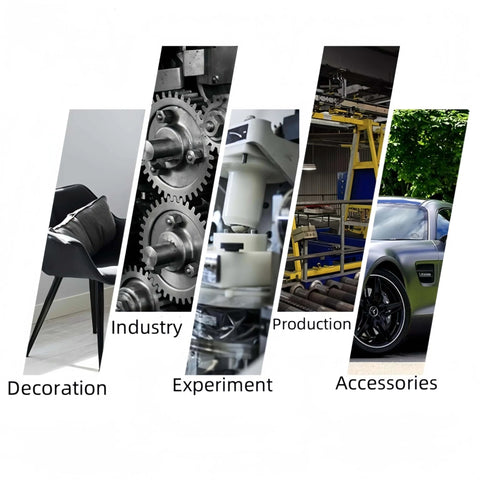 Collage displaying a chair, industrial gears, laboratory equipment, factory setting, and a sports car, labeled Decoration, Industry, Experiment, Production, Accessories.