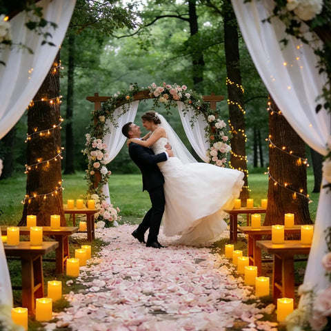 Battery Operated Tea Lights Flameless LED Votive Candles Pack Of 200 With Warm Yellow Glow on wedding aisle with flowers