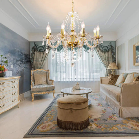 Lux Gold Tone Crystal Chandelier With 8 K9 Crystals in elegant living room setting, featuring sparkling glow and elegant shine.