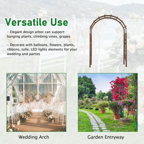 7Ft Wooden Garden Arch Wedding Backdrop Stand For Ceremony, Plant Trellis And Pergola For Garden Decor, showing versatile use examples.