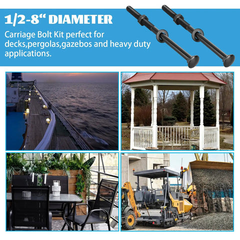 Beefy Black Carriage Bolt Kit Heavy Duty One Half Inch Diameter Eight Inch Length Includes Twelve Bolts Twelve Washers Twelve Nuts Galvanized For Fastening Accessories And Woodworking Projects shown with decks and gazebos.