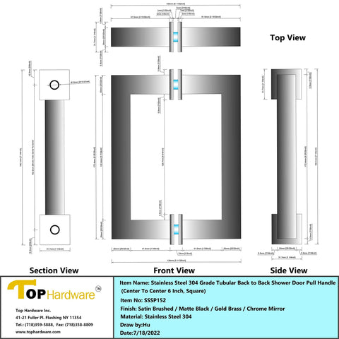 Technical drawing of Stainless Steel 304 Grade Tubular Back to Back Shower Door Pull Handle 6 Inch Center to Center Square Satin Brass Finish.