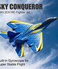 Blue and yellow foam RC fighter jet with 2.4GHz control, showcasing the Beginner Friendly Remote Control Airplane With Gyro Stabilization.