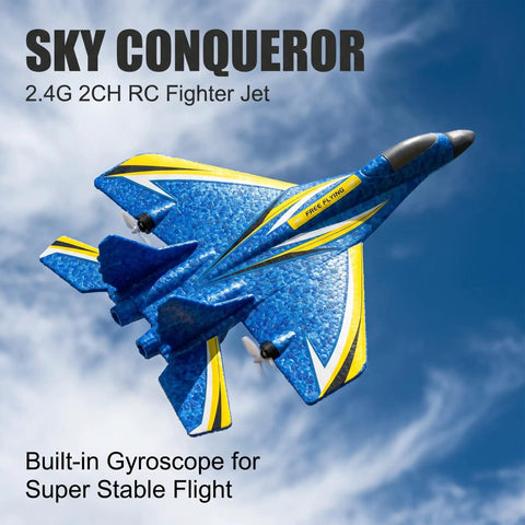 Blue and yellow foam RC fighter jet with 2.4GHz control, showcasing the Beginner Friendly Remote Control Airplane With Gyro Stabilization.