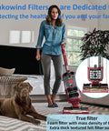 Woman using Shark Navigator vacuum with Must Have Replacement Filter Kit For Shark Navigator Zero M Lift Away Speed Upright models.