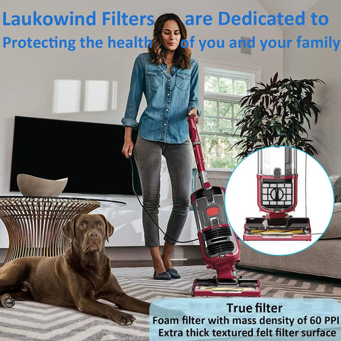 Woman using Shark Navigator vacuum with Must Have Replacement Filter Kit For Shark Navigator Zero M Lift Away Speed Upright models.