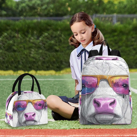 Dope Cow Print Sunglasses Portrait Backpack With Insulated Cooler Lunch Box And Scratch Resistant Nylon Multi Pocket Design